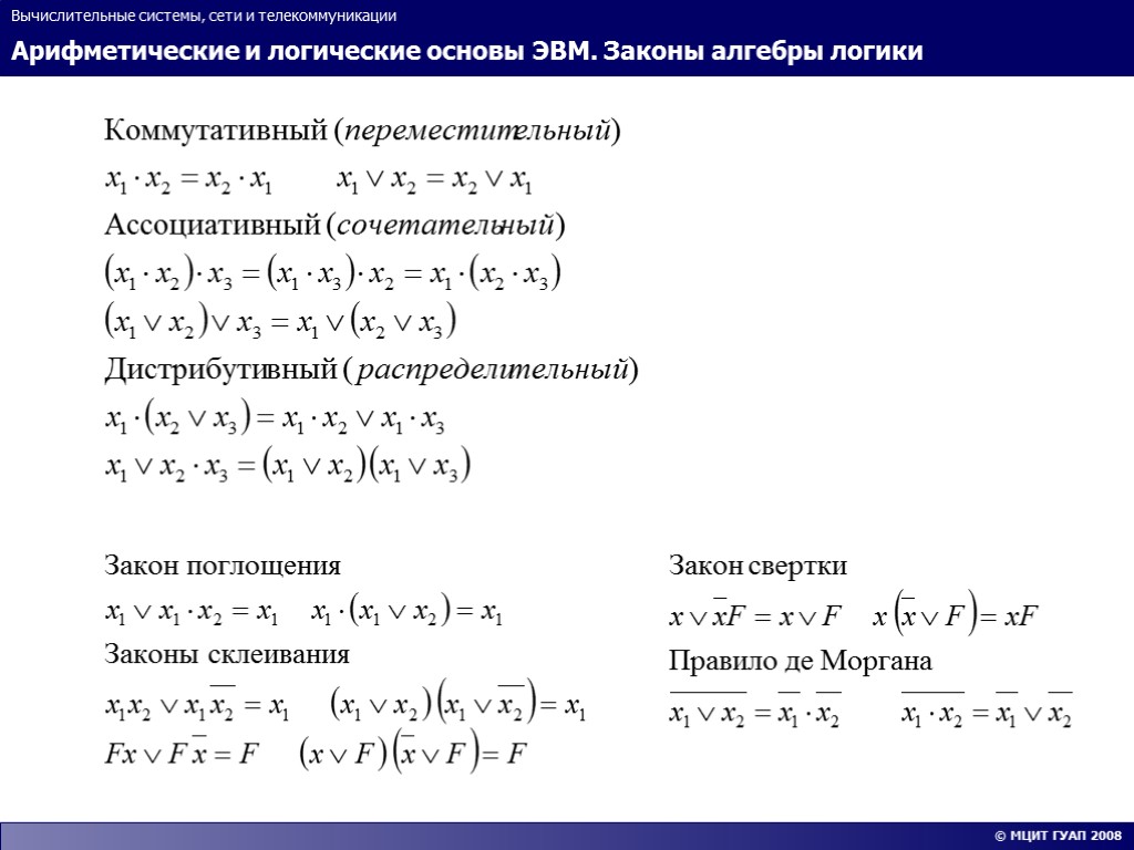 Арифметические и логические основы ЭВМ. Законы алгебры логики Вычислительные системы, сети и телекоммуникации ©